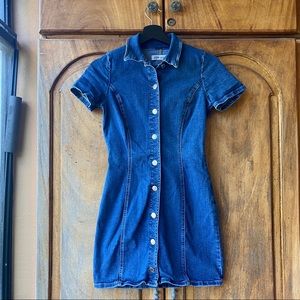 Zara TRF Dark Blue Denim Button Front Short Sleeve Mini Dress Size XS